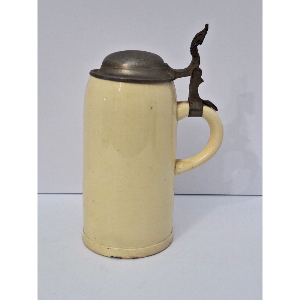 Antique 1Ltr. Early 1800's German Pottery Pewter Lidded Beer Stein Mug Tankard